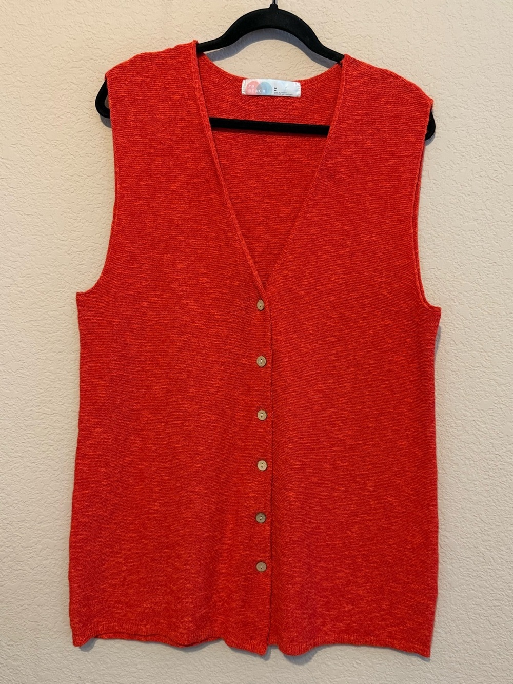Free People One Beach Cotton Linen Red Orange Knit Button V-Neck Sweater Vest M
